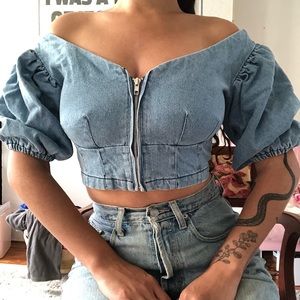 Puff sleeve denim bustier top